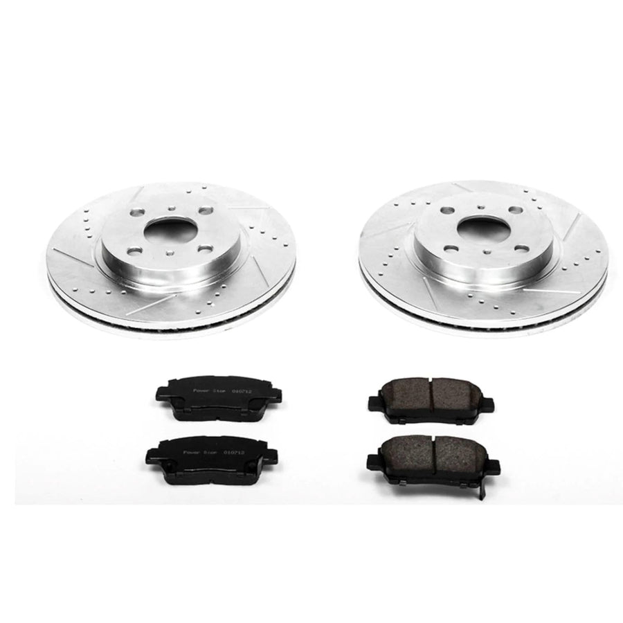 Power Stop K109 Z23 Carbon Fiber Brake Pads Front with Drilled & Slotted Brake Rotors Kit For Scion xA 2004-2006, Scion xB 2004-2006 [Model Specific]