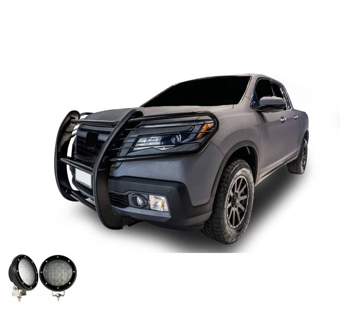 Bumper Guard Modular Black Horse Grille brush Come with Pair of 5.3" Dia.LED Lights with Black Trim Rings Compatible with 2016-2019 Honda Ridgeline-17H01MA-PLFB