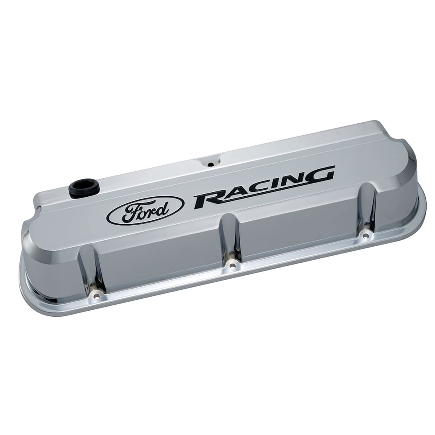 Ford Slant-Edge Valve Cover, Tall, Baffled, Breather Hole, Recessed Ford Racing Logo, Aluminum, Chrome
