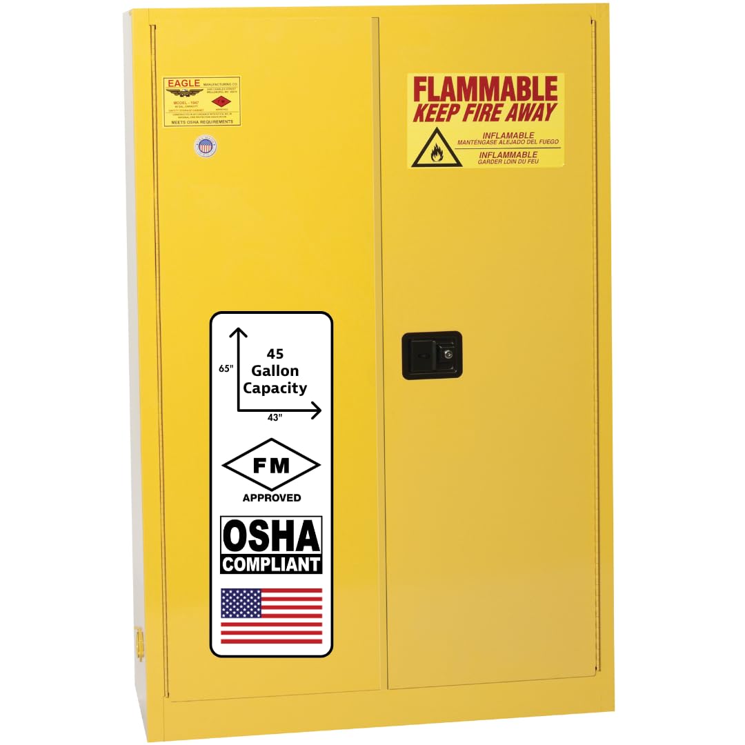 American Made Eagle 45 Gallon F﻿lammable Liquid Storage Cabinet, Manual-Close Fireproof Cabinet for Schools, Garages, Manufacturing Facilities, 43" x 18" x 65", 1947X