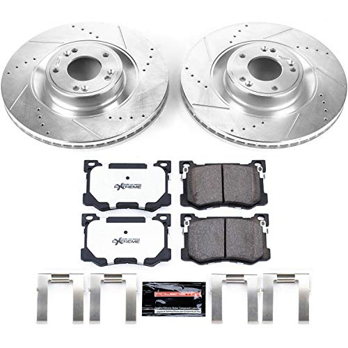Power Stop K7030-26 Z26 Carbon Fiber Brake Pads Front with Drilled & Slotted Brake Rotors Kit For Hyundai Genesis 2015-2016, Kia K900 2015-2017 [Model Specific]