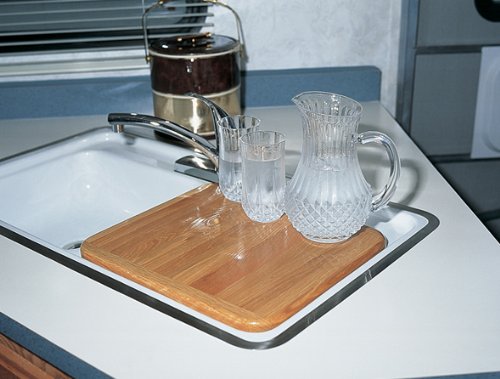 Camco Sink Cover Camper/RV | Features Adjustable Legs w/Non-Slip Feet & Solid Oak Hardwood Top w/Non-Toxic Gloss Finish | Top Measures 13” x 15” | Great for RVs, Campers, Boats & More (43431)