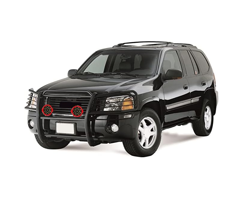 Black Horse Grille Brush Bumper Guard Black Modular Come with Pair of 7.0" Dia.LED Lights with Red Trim Rings Compatible with 2002-2006 GMC Envoy|2002-2006 GMC Envoy XL-17GD26MA-PLR