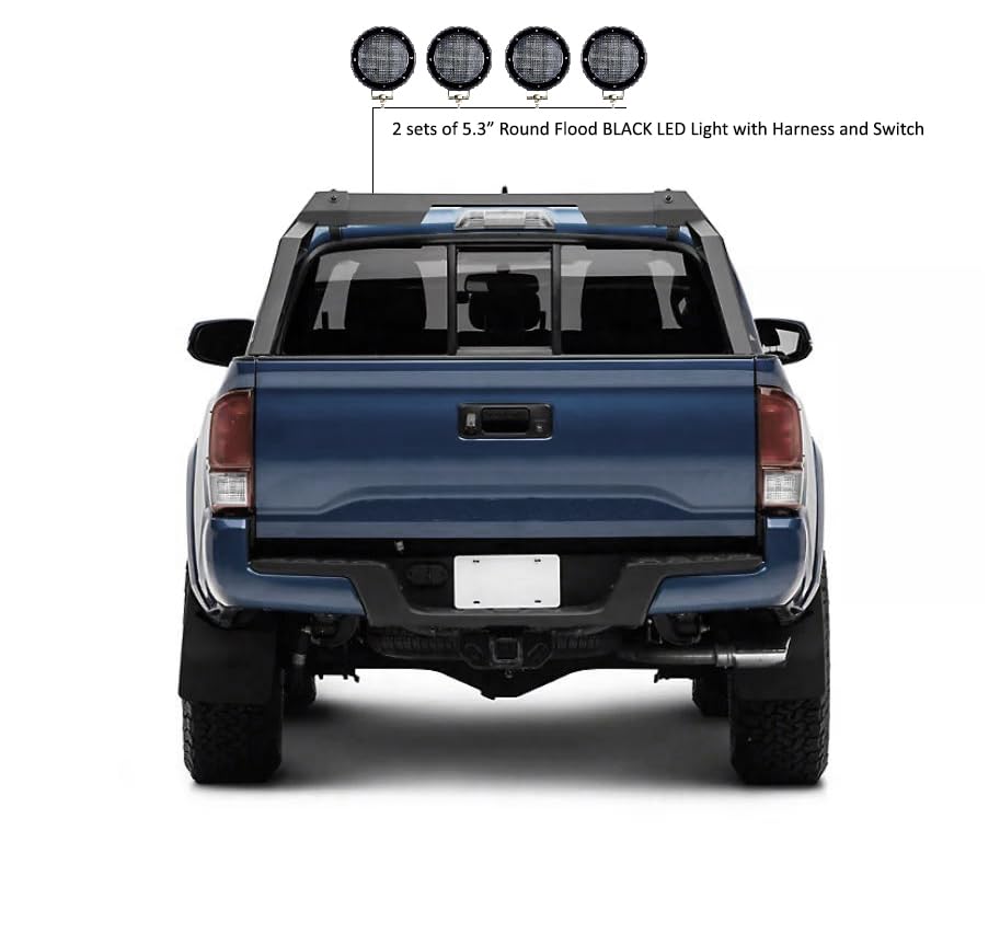 Armour Black Horse Roll Bar Incl. Set of 5.3" Dia.LED Lights w/Black Trim Rings Matte Black Compatible with 2015-2024 Chevrolet Colorado|2015-2024 GMC Canyon|2015-2024 Toyota Tacoma-RB-AR3B-PLFB