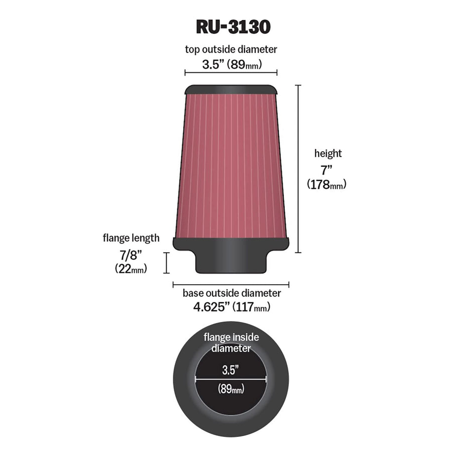 High-Flow K&N Original Lifetime Universal Clamp-On Air Filter: High Performance, Washable: Flange Diameter: 3.5 In, Filter Height: 7 In, Flange Length: 0.875 In, Shape: Round Tapered, RU-3130