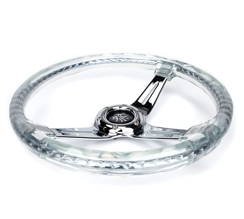 NRG Innovations Reinforced Steering Wheel NRG-RST-027CH-CL 350mm 2" Deep Dish Clear Acrylic Steering Wheel in Clear and Geometric NeoChrome Spoke Finish with Slits