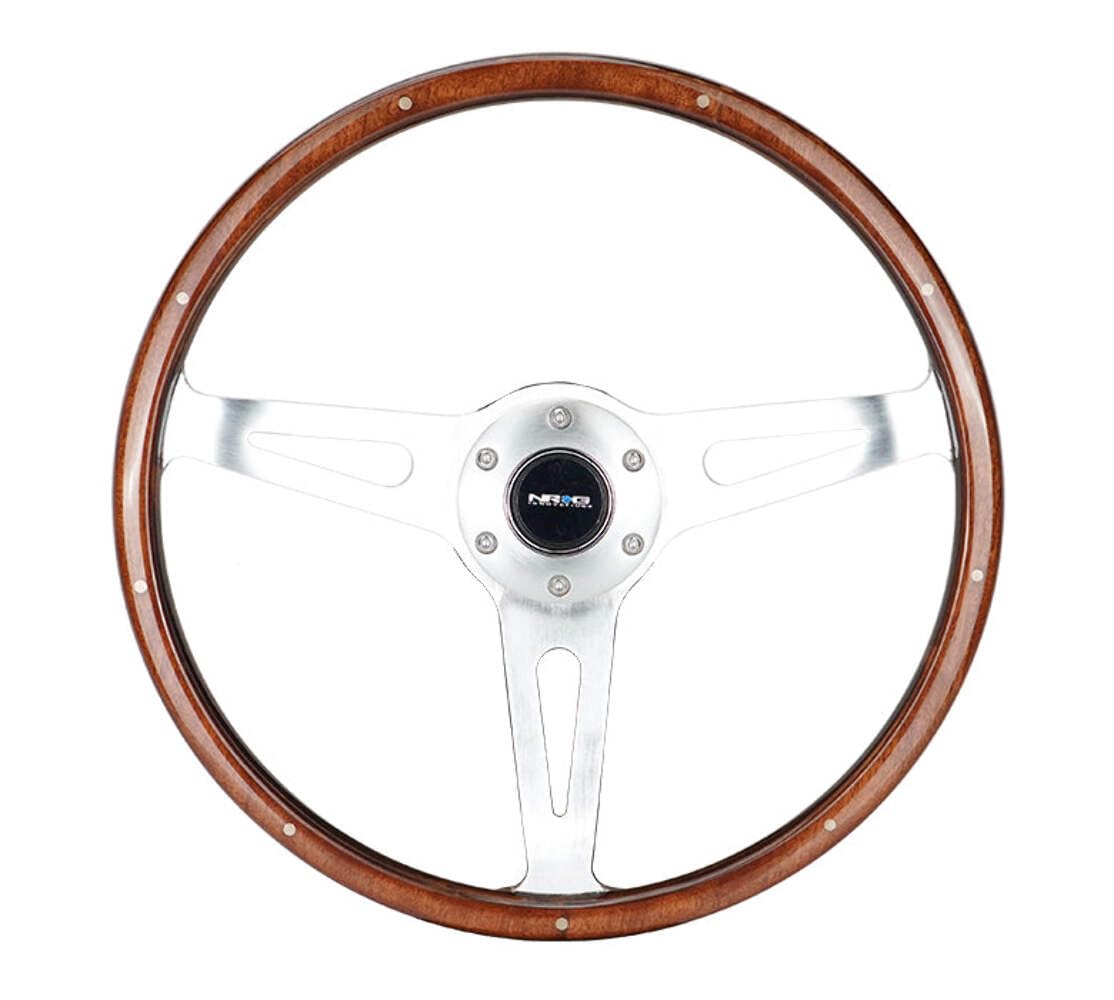 NRG Innovations Steering Wheel NRG-ST-065 - Classic Wood Grain Wheel, 380mm, 3 Spoke Center in Polished Aluminum, Wood with Metal Accents