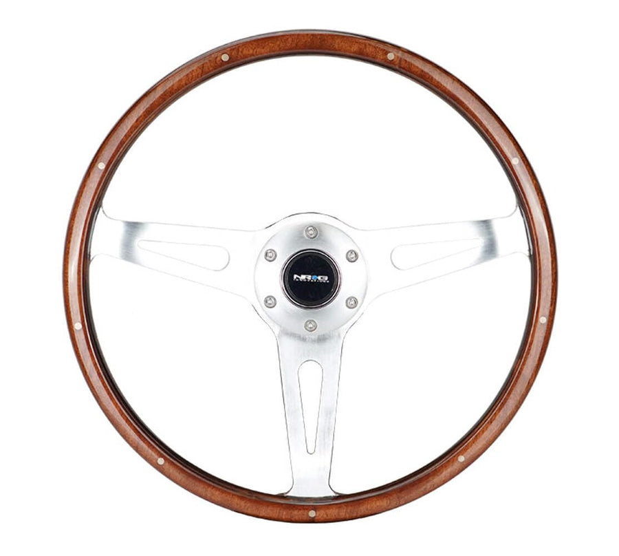 NRG Innovations Steering Wheel NRG-ST-065 - Classic Wood Grain Wheel, 380mm, 3 Spoke Center in Polished Aluminum, Wood with Metal Accents