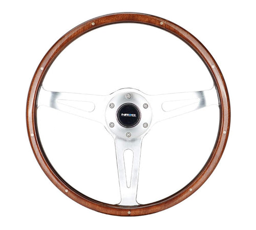 NRG Innovations Steering Wheel NRG-ST-065 - Classic Wood Grain Wheel, 380mm, 3 Spoke Center in Polished Aluminum, Wood with Metal Accents