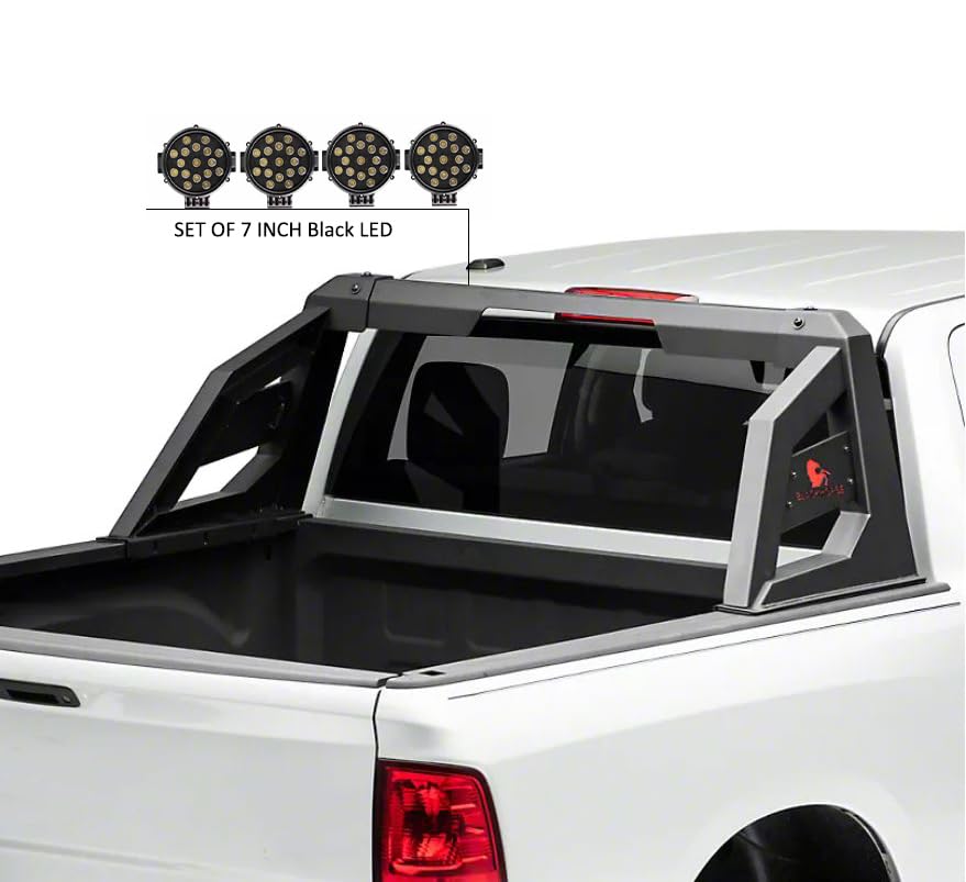 Armour Roll Bar Black Horse incl. Pair of 7.0" Dia. LED Lights w/Black Trim Rings Matte Black Compatible with 2005-2021 Nissan Frontier-ARB-NIFRB-PLB