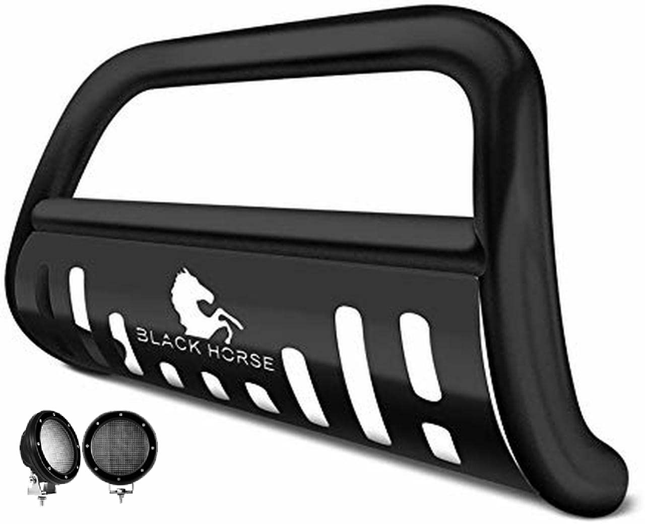 Bull Bar Black Horse Skid Plate Come with Pair of 5.3" Dia. LED Flood Lights with Black Trim Rings Compatible with 2009-2015 Honda Pilot-BBH1409A-SP-PLFB