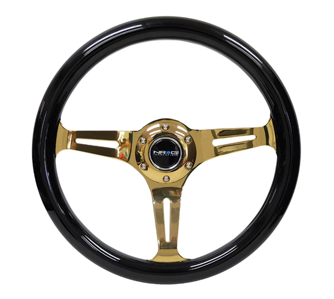 NRG Innovations Steering Wheel NRG-ST-015CG-BK - 350mm 25mm Deep Configuration, Classic Black Wood Grain Wheel with 3 Chrome Gole Spokes/Black Grip