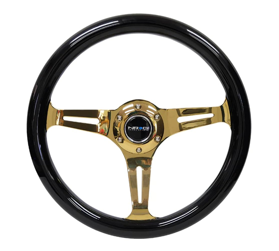 NRG Innovations Steering Wheel NRG-ST-015CG-BK - 350mm 25mm Deep Configuration, Classic Black Wood Grain Wheel with 3 Chrome Gole Spokes/Black Grip