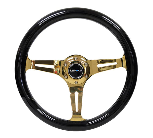 NRG Innovations Steering Wheel NRG-ST-015CG-BK - 350mm 25mm Deep Configuration, Classic Black Wood Grain Wheel with 3 Chrome Gole Spokes/Black Grip