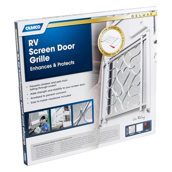 Camco RV Screen Door Grille Deluxe Aluminum | Adds a Sturdy Feel to The Door RV | Adjusts from 20-inches to 32-inches Wide | (43991)