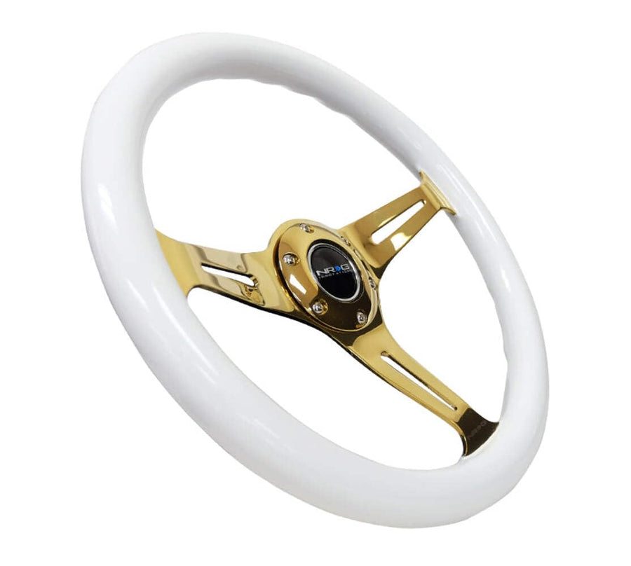 NRG Innovations Steering Wheel NRG-ST-015CG-WT - 350mm 25mm Deep Configuration 3 Chrome Gold Spokes Classic White Wood Grain Wheel/White Grip