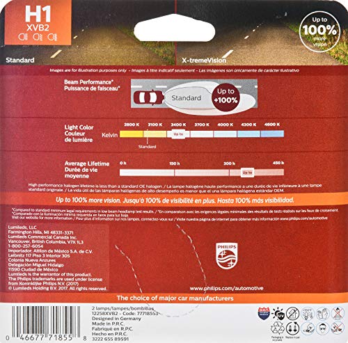 Philips H1 Automotive Lighting X-tremeVision Upgrade Headlight Bulb with up to 100% More Vision, 2 Pack (12258XVB2)