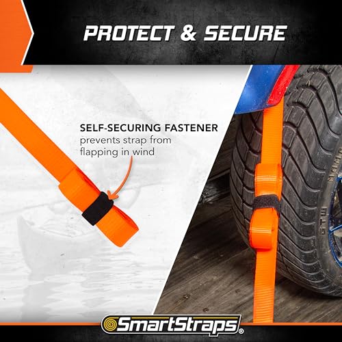 10-Foot SMARTSTRAPS Ratchet Straps (4pk) – 3,000 lbs Break Strength – 1,000 lbs Safe Work Load Haul Heavier Loads Like Motorcycles, Boats and Large Appliances – Heavy-Duty Padded Tie-Downs, ORANGE (149)