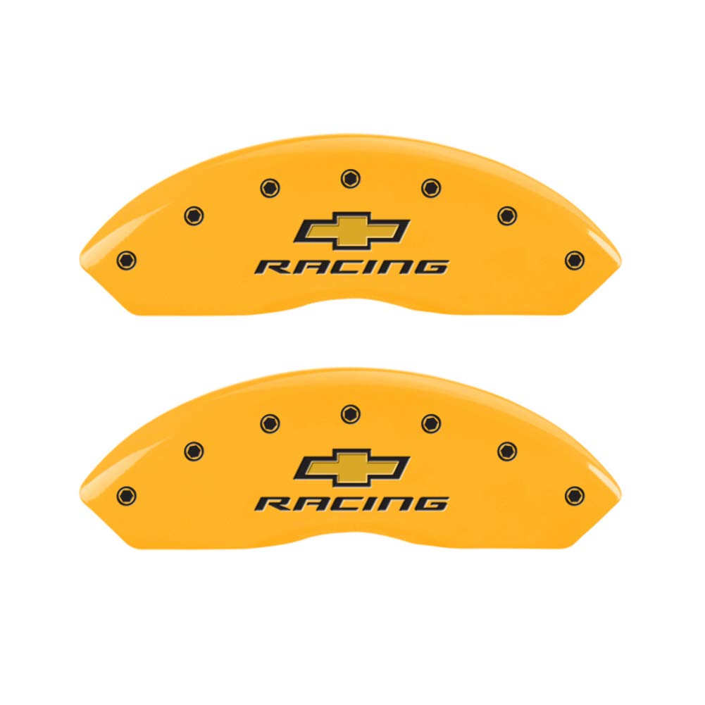 MGP Caliper Covers with Compatible 2016-2024 Chevy Camaro (Fits 18"+ Wheels & Standard JL9 Brakes) Powder-Coated Finish, 4 PCS Front and Rear (Yellow - Chevy Racing Engraving)