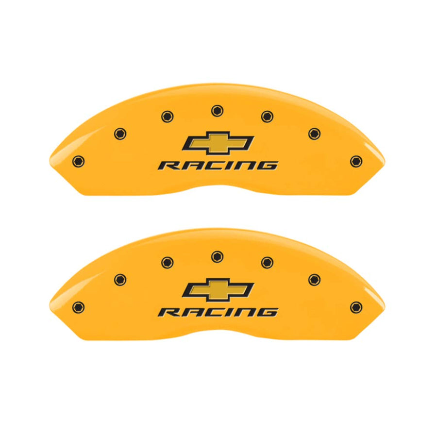 MGP Caliper Covers with Compatible 2016-2024 Chevy Camaro (Fits 18"+ Wheels & Standard JL9 Brakes) Powder-Coated Finish, 4 PCS Front and Rear (Yellow - Chevy Racing Engraving)