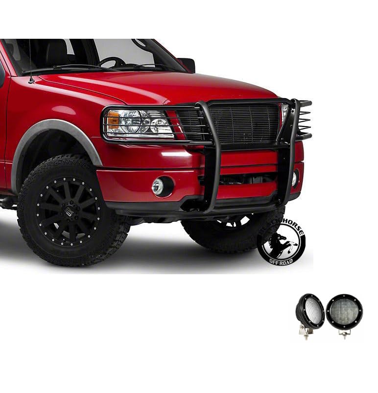 Bumper Guard Black Horse Grille Brush Modular Black Come with Pair of 5.3" Dia.LED Lights with Black Trim Rings Compatible with 2004-2008 Ford F-150-17FP28MA-PLFB