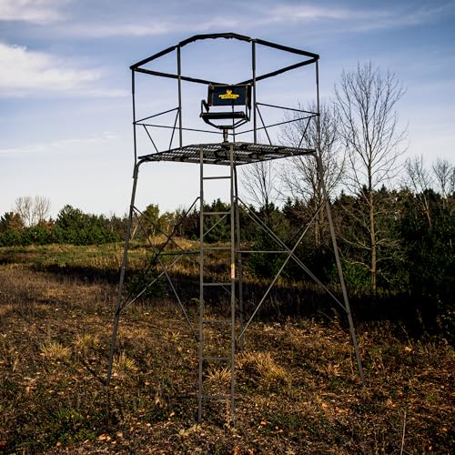 12’ Rivers Edge® 2-Man Quad Pod Tower Stand, TearTuff™ Mesh Seats, 360-Degree Swivel Chairs, Adjustable Padded Shooting Rail, Unmatched Stability, Oversized Platform, RE401