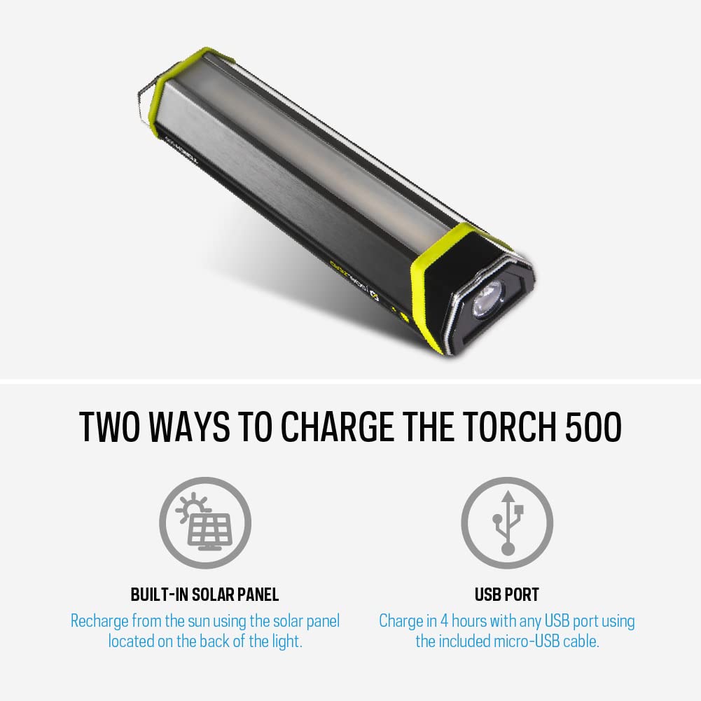 500 Lumen Goal Zero Torch Light, Multi-Use Weatherproof LED Flashlight and Solar Lantern – Portable Rechargeable Spotlight and Floodlight with Built-In Solar Panel