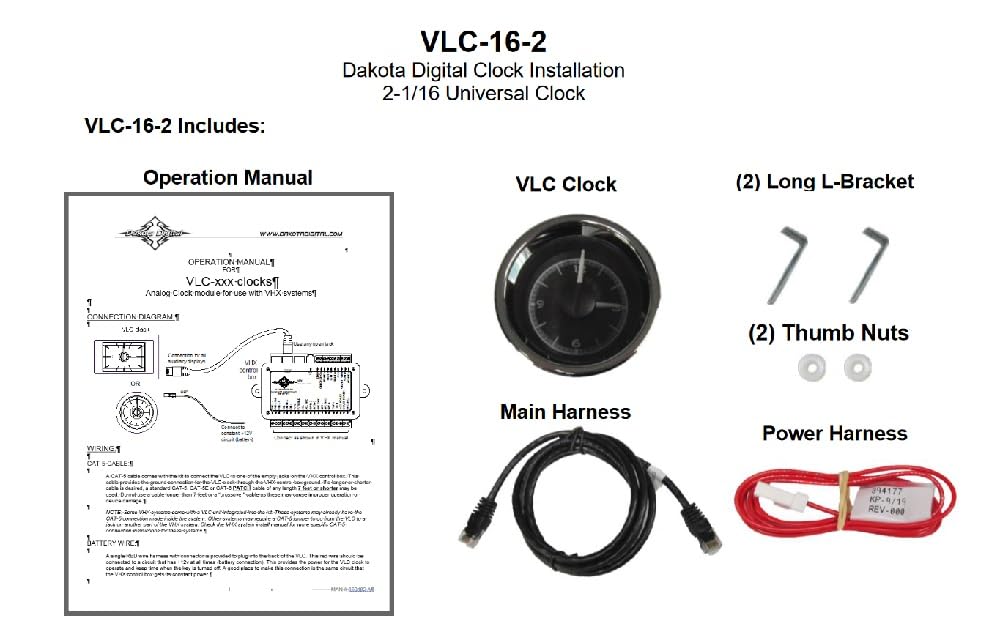 Dakota Digital 2-1/16" Round VLC-16-2-K-W Universal VHX Clock Black Alloy Style White Backlighting