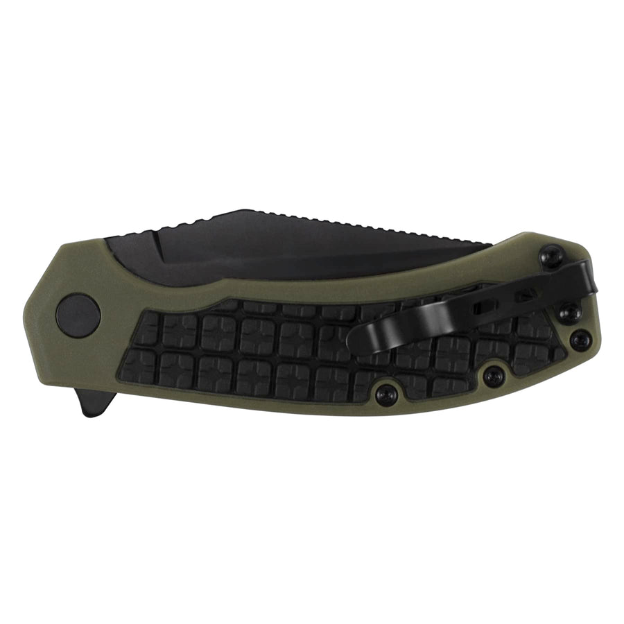 Kershaw Pocketknife Faultine (8760); 3-Inch 8Cr13MoV Blade with KVT Manual Open, Black Oxide Coating and Rubber Overmold, Olive Handle, Pocketclip