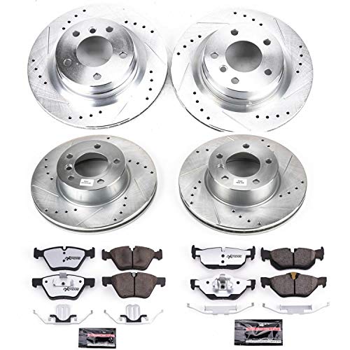Power Stop K2890-26 Z26 Carbon Fiber Brake Pads Front and Rear with Drilled & Slotted Brake Rotors Kit and 1 Front & 1 Rear Sensor Wires For BMW 325i 2006 [Model Specific]