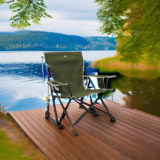 GCI Outdoor Rocker Kickback Camping Chair | Portable Folding Rocking Chair with Durable Armrests, Drink Holder & Relaxed Lowered Seat for Comfort — Loden Green