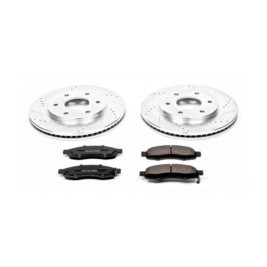 Power Stop K2442 Z23 Carbon Fiber Brake Pads Front with Drilled & Slotted Brake Rotors Kit For INFINITI QX56, Nissan Arm, Nissan Pathfinder Arm, Nissan TITAN [Model Specific]