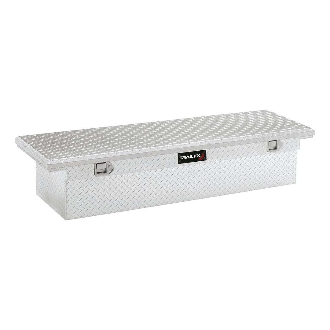 TrailFX Crossover Tool Box Low Profile Single Lid With Struts Diamond Tread Bright Polished 16 Gauge Aluminum Height 8.6 Cubic Foot Capacity With Plastic Tray TrailFX 120721