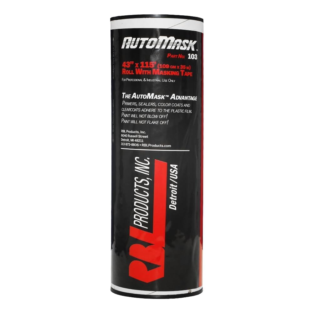 43" x 115' AutoMask Roll-On Dispenser – Pre-Taped, Lint-Free, Waterproof & Heat-Resistant Paint Masking Film for Automotive & Industrial Use