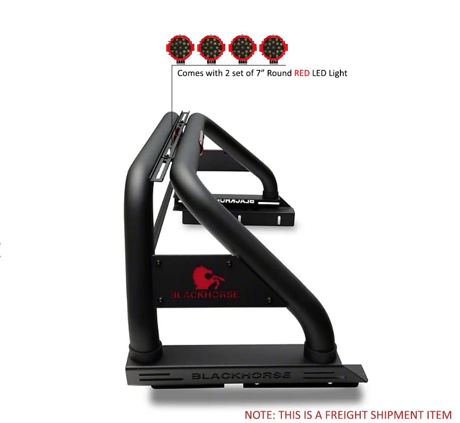 Classic Black Horse Roll Bar Incl. Pair of 7.0" Dia. LED Lights w/Red Trim Rings Compatible with 2020-2024 Jeep Gladiator-RB09BK-PLR