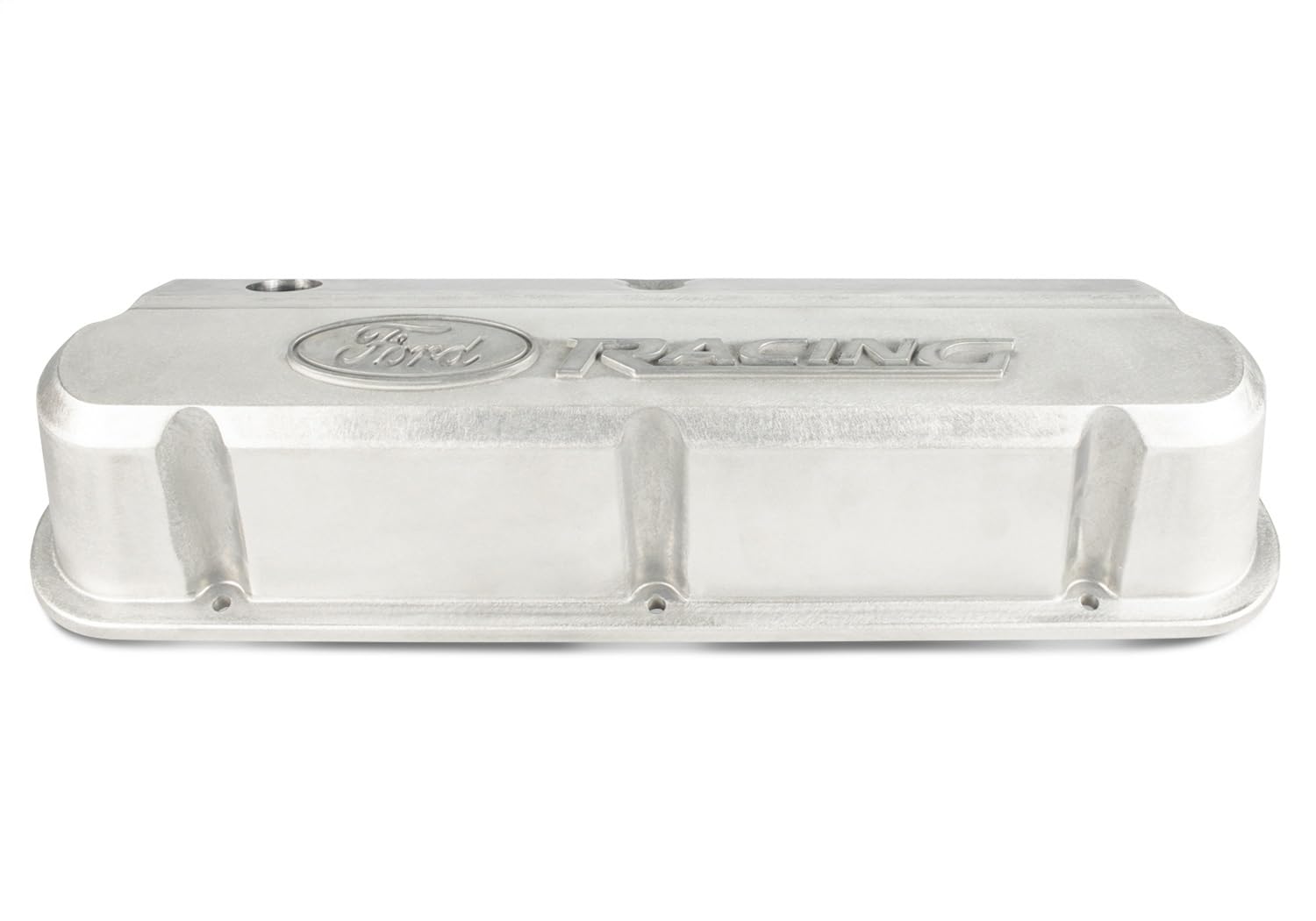 Ford Slant-Edge Valve Cover, Tall, Baffled, Breather Hole, Raised Ford Racing Logo, Aluminum, Natural