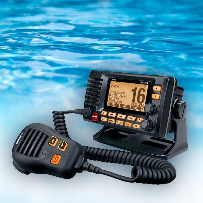 Marine VHF Radio Uniden UM725GBK, All USA, Canada, and Intl. Marine Channels, 1Watt/25Watt Transmit Power, Largest LCD Screen in Class, NOAA Weather Channels w/Alerts, Speaker Mic, GPS Built-in.