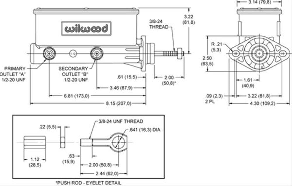 Tandem M/C High Volume - 15/16" Bore-W/Pushrod - Early Mustang