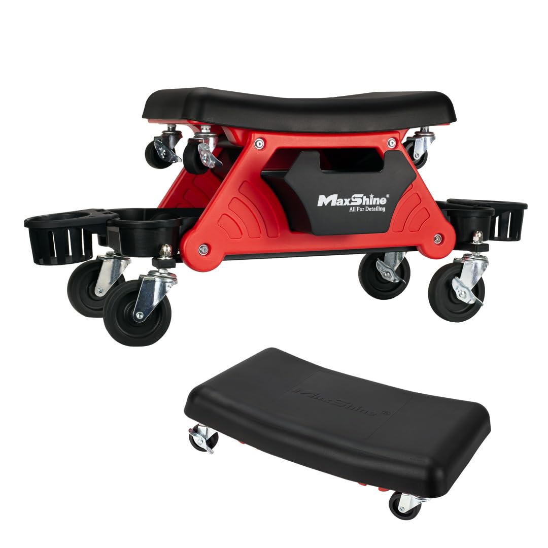 2-in-1 Maxshine Modular Detailing Creeper Seat V2 | Rolling Creeper with Removable Cushion & Tool Tray | Heavy-Duty Polyethylene & Steel Frame, 4” Wheels | Complete Set (Black)