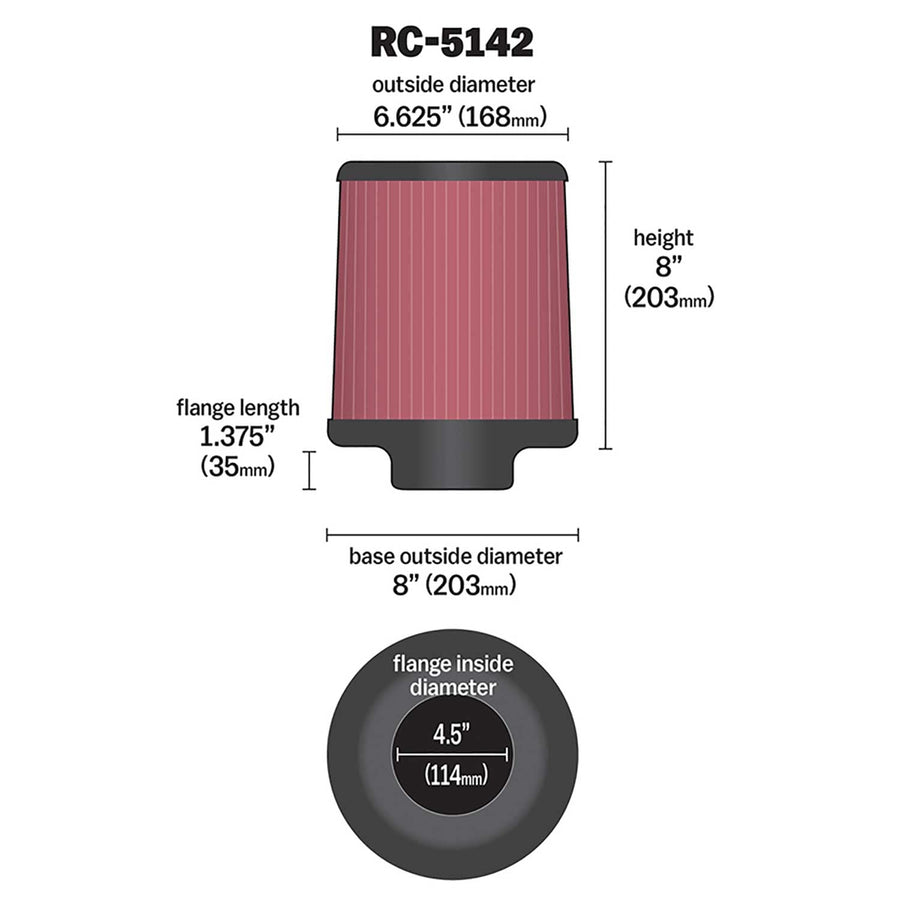 High-Flow K&N Original Lifetime Universal Clamp-On Air Filter: High Performance, Premium, Washable: Flange Diameter: 4.5 In, Filter Height: 8 In, Flange Length: 1.375 In, Shape: Round Tapered, RC-5142