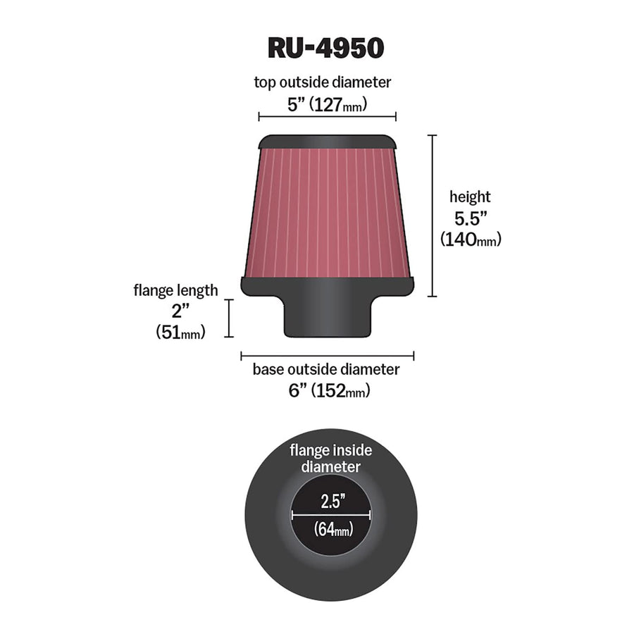 High-Flow K&N Original Lifetime Universal Clamp-On Air Filter: High Performance, Premium, Washable: Flange Diameter: 2.5 In, Filter Height: 5.5 In, Flange Length: 2 In, Shape: Round Tapered, RU-4950