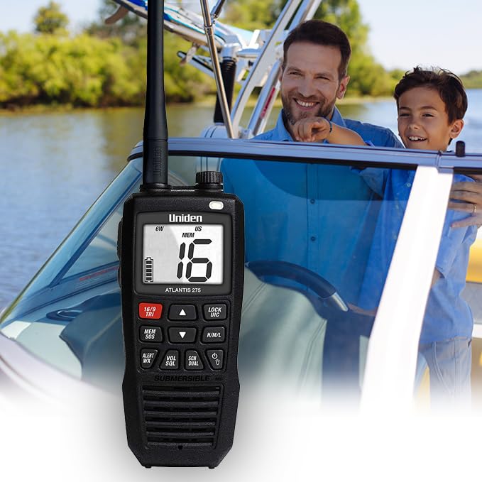 Atlantis 275 Uniden Handheld Two-Way VHF Marine Radio, Floating IPX8 Submersible Waterproof, Large Dual-Color Screen, 6-Watt, All USA/International/Canadian Marine Channels, NOAA Weather Alerts