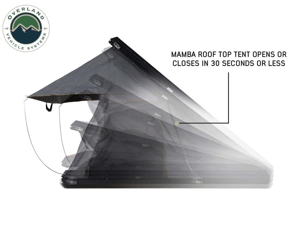 Overland Vehicle Systems Mamba HD Clam Shell Aluminum Hard Shell Roof Top Tent, Grey Body & Green Trim - Premium 280G Rip Stop Waterproof Tent Body - 2 to 3 Person Roof Top