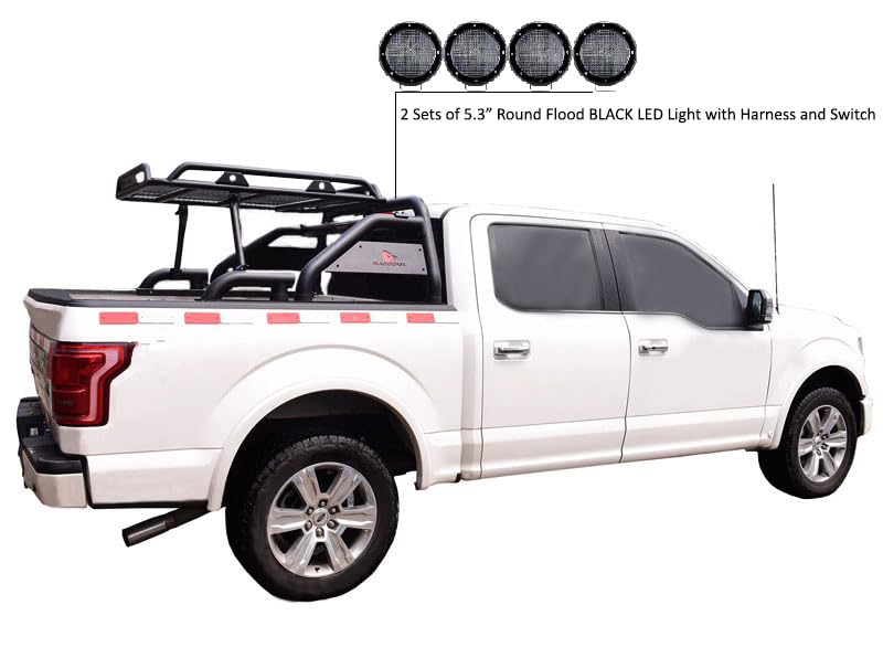 Warrior Black Horse Roll Bar Incl. Set of 5.3" Dia.LED Lights Compatible with 1/2 TON Trucks (GM Silverado 14+/Ford F150 15+/Dodge RAM 15+) with Full Size Cargo Basket(with RED Brake Light)