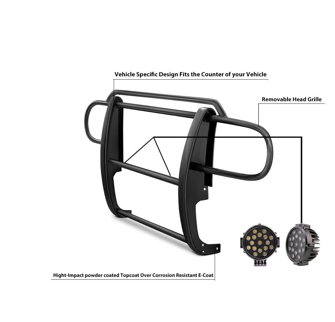 Grille Brush Black Horse Bumper Guard Modular Black Come with Pair of 7.0" Dia.LED Lights with Black Trim Rings Compatible with 2007-2018 Jeep Wrangler JK-17JPWRMA-PLB