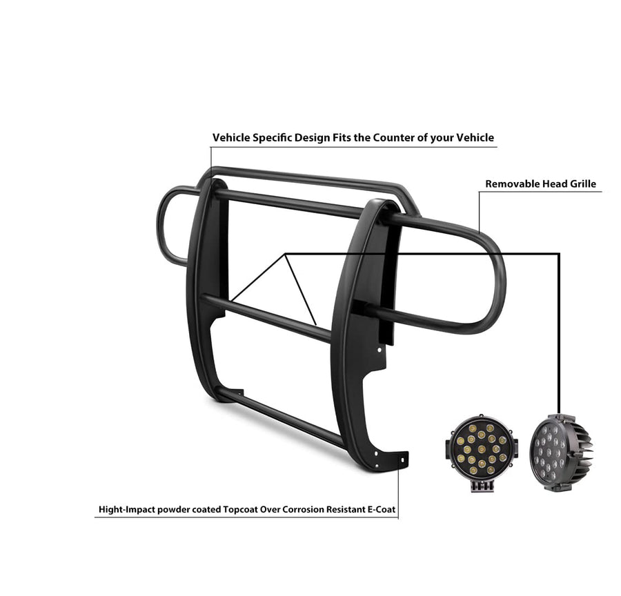 Grille Brush Black Horse Bumper Guard Modular Black Come with Pair of 7.0" Dia.LED Lights with Black Trim Rings Compatible with 2007-2018 Jeep Wrangler JK-17JPWRMA-PLB