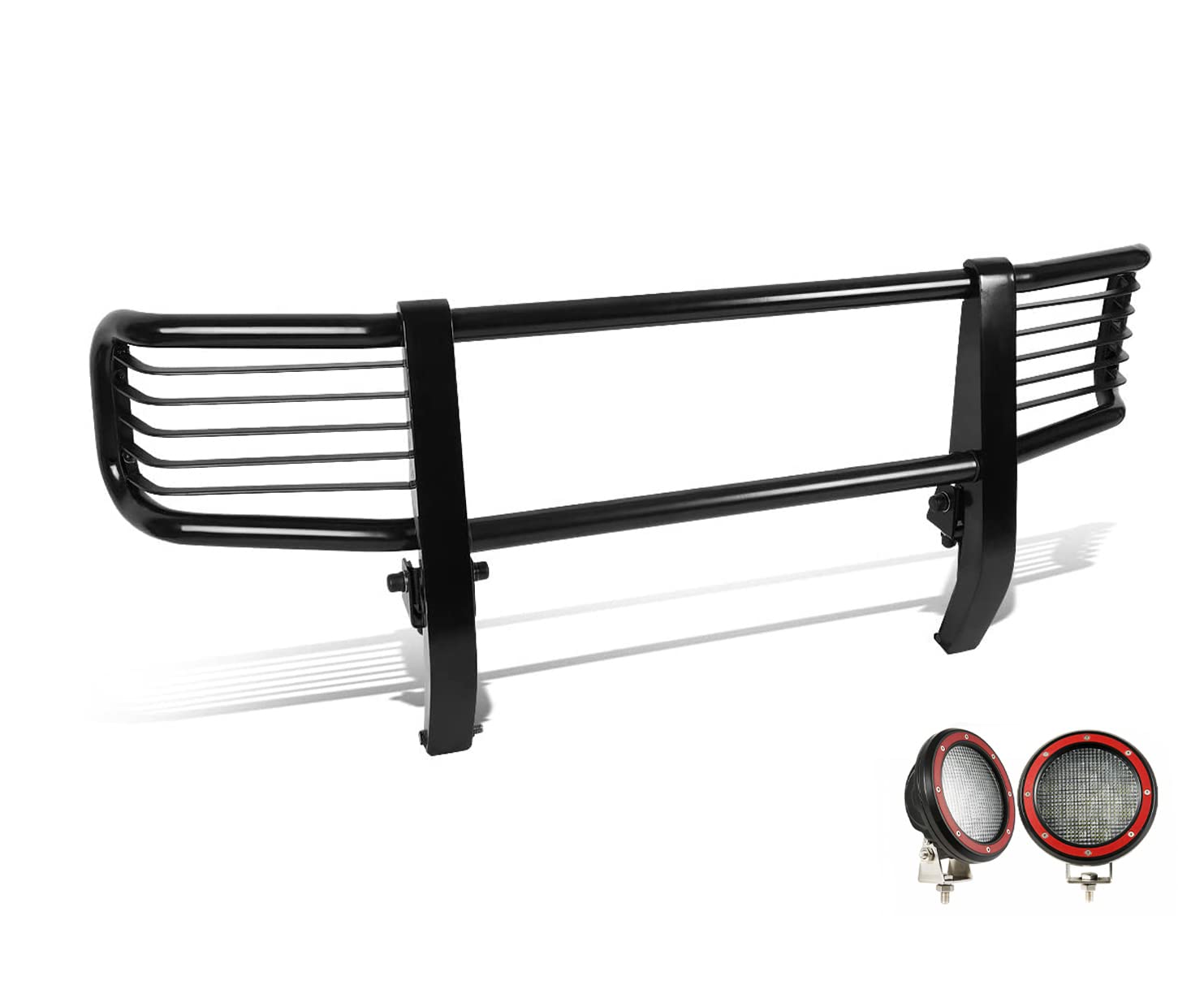 Bumper Guard Modular Black Black Horse Grille brush Come With Pair of 5.3"Dia.LED Lights with Red Trim Rings Compatible with 2003-2010 Mercedes-Benz G55 AMG|1999-2010 Mercedes-Benz G500-PGBZA008A-PLFR
