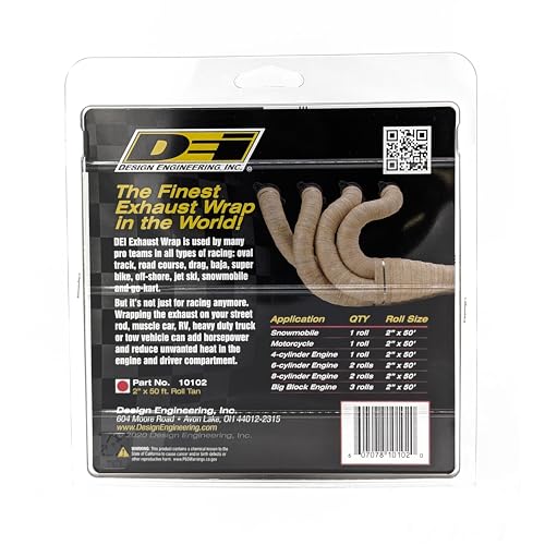 2" x 50' Design Engineering Tan Glass Fiber Exhaust Heat Wrap - Heat Wrap for Exhaust Pipes, Pliable Exhaust Wrap Tape, Withstands 1800°F Direct Heat & 2500°F Intermittent Heat