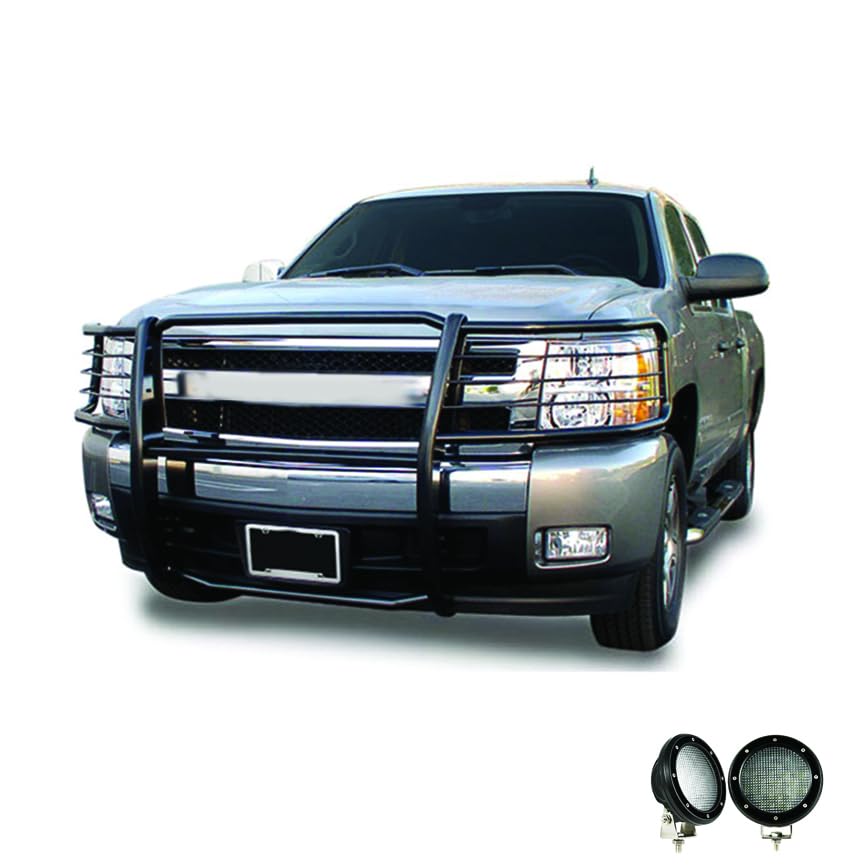 Grille Brush Black Horse Bumper Guard Modular Come with Pair of 5.3" Dia.LED Lights with Black Trim Rings Compatible with 2015-2019 Silverado 2500 HD|2015-2019 Silverado 3500 HD-17GT28MA-PLFB