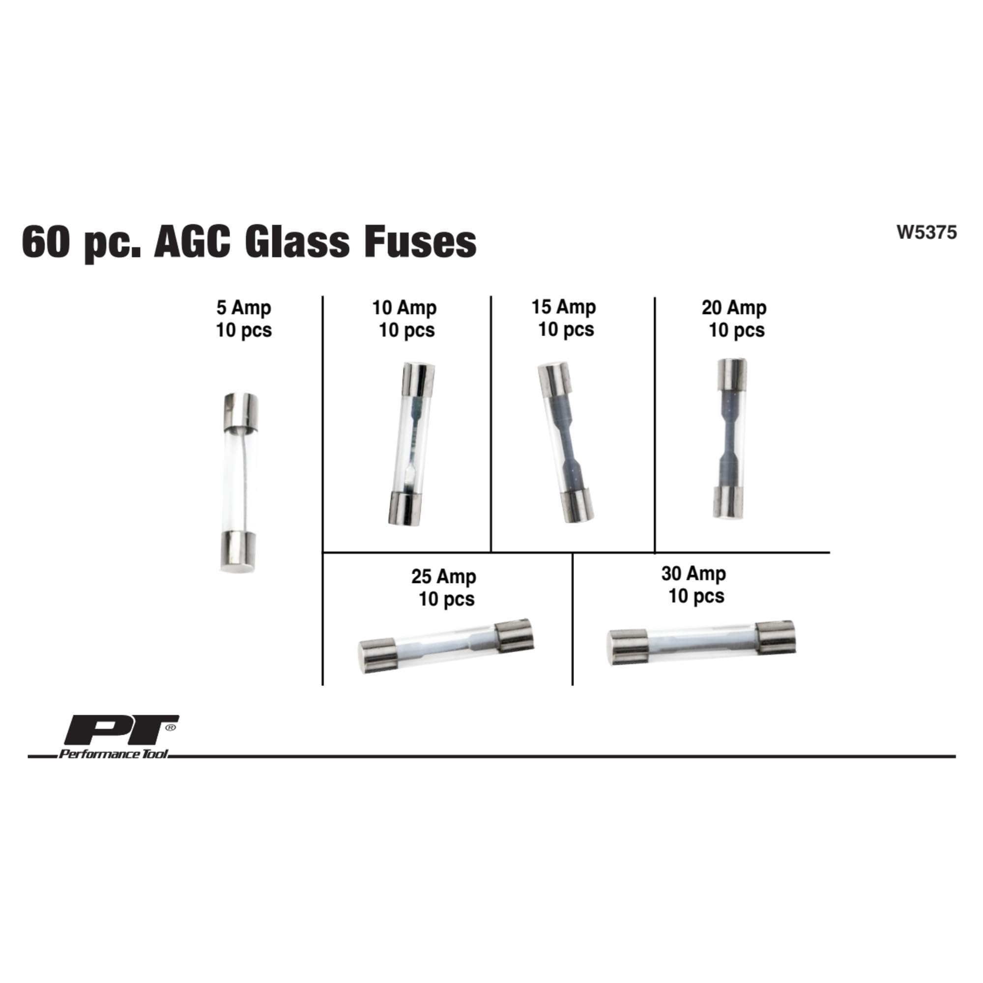 W5375 Performance Tool 60pc AGC Glass Fuse Assortment (5A, 10A, 15A, 20A, 25A, and 30A) in a Clear Plastic Case